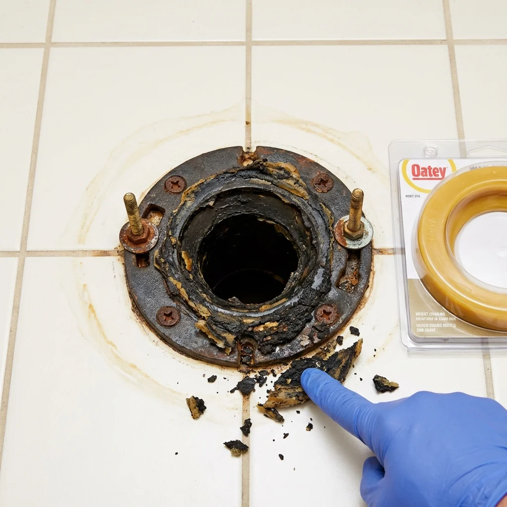 Failed wax ring showing water seepage at the base of a toilet in a Louisville, GA home