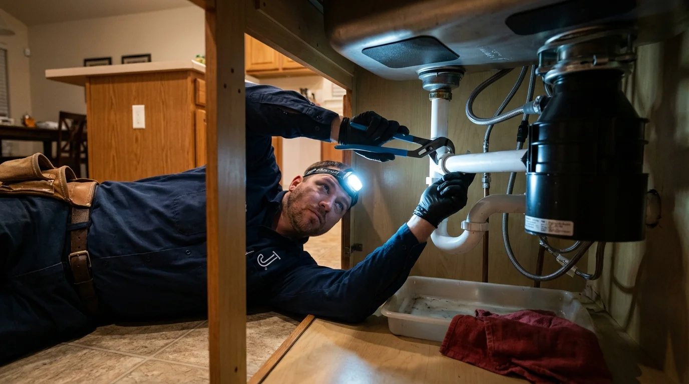 P-trap and supply line connections under a kitchen sink showing a common leak point in Louisville, GA